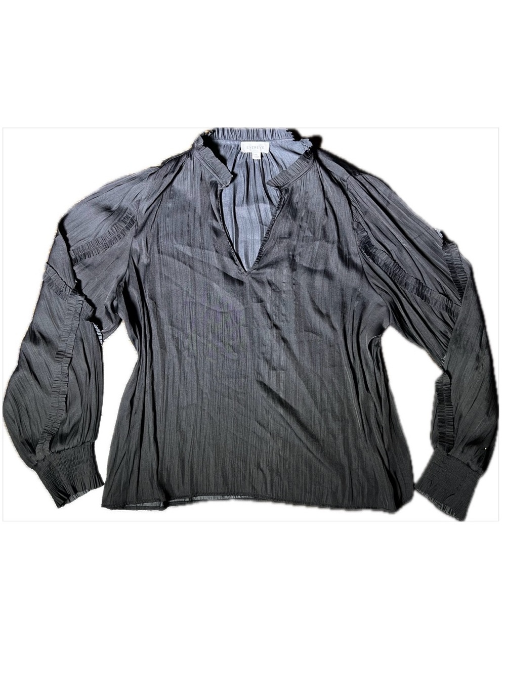 Evereve Black Long Sleeve Pleated V-Neck Blouse Ruffle Sleeve Whimsigoth XL